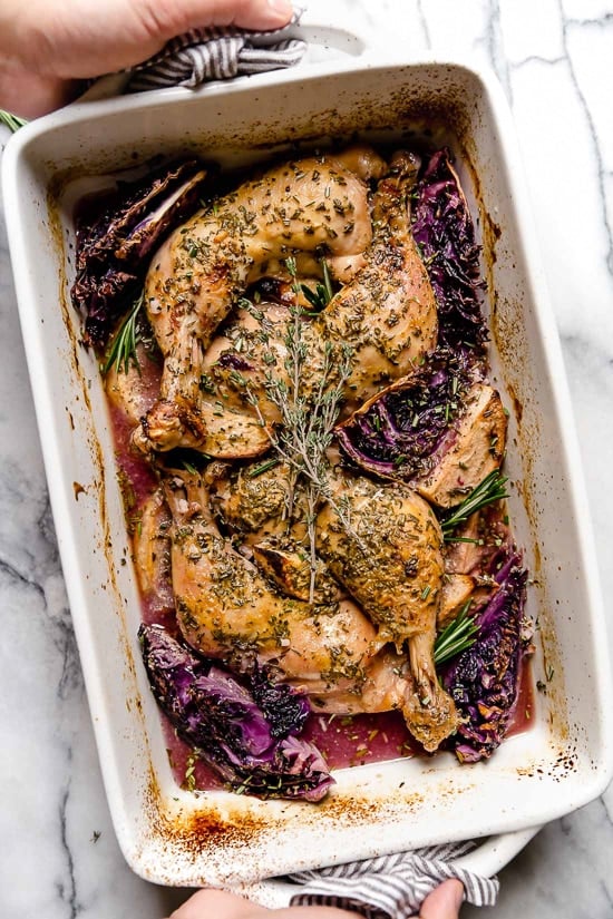 Baked Apple Cider Chicken and Cabbage is the perfect one-pot fall dish made with cider-marinated chicken, red cabbage and apples. Baked Apple Cider Chicken and Cabbage is the perfect one-pot fall dish made with cider-marinated chicken, red cabbage and apples.