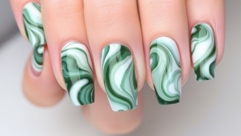 The Art of Marbled Green & White Nail Design