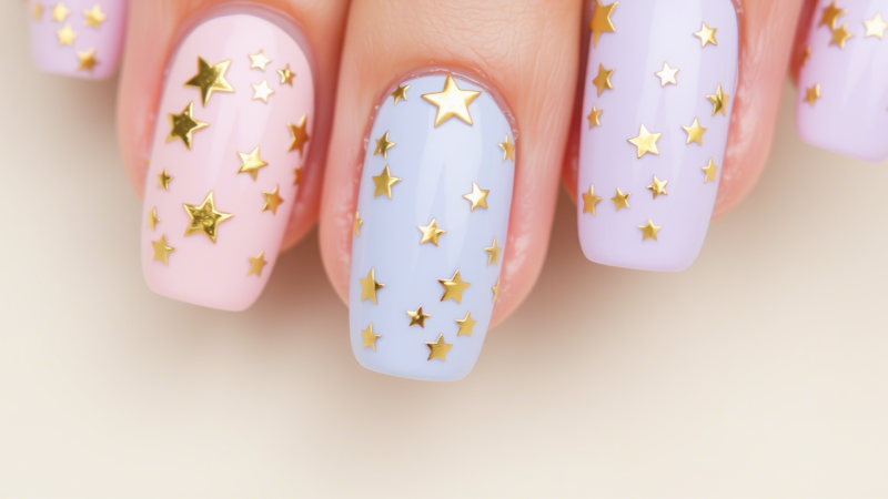“Shining Bright: The Charm of Gold Star Nail Designs”