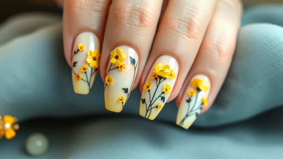 “Floral Whispers: A Pastel Yellow Nail Art Design That Celebrates Springtime Elegance”