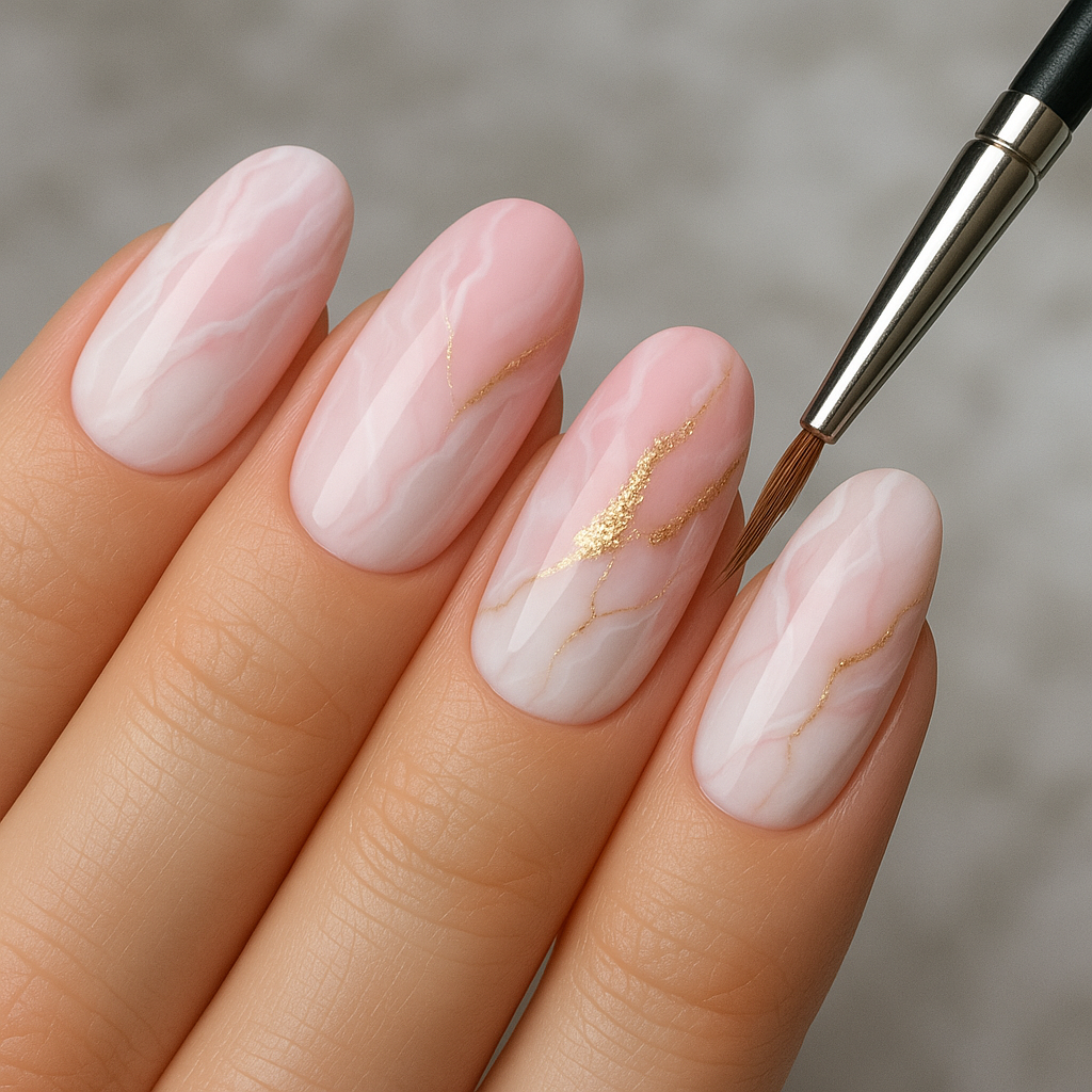 “Blushing Marble: The Art of Pastel Pink and White Nails with Golden Elegance”