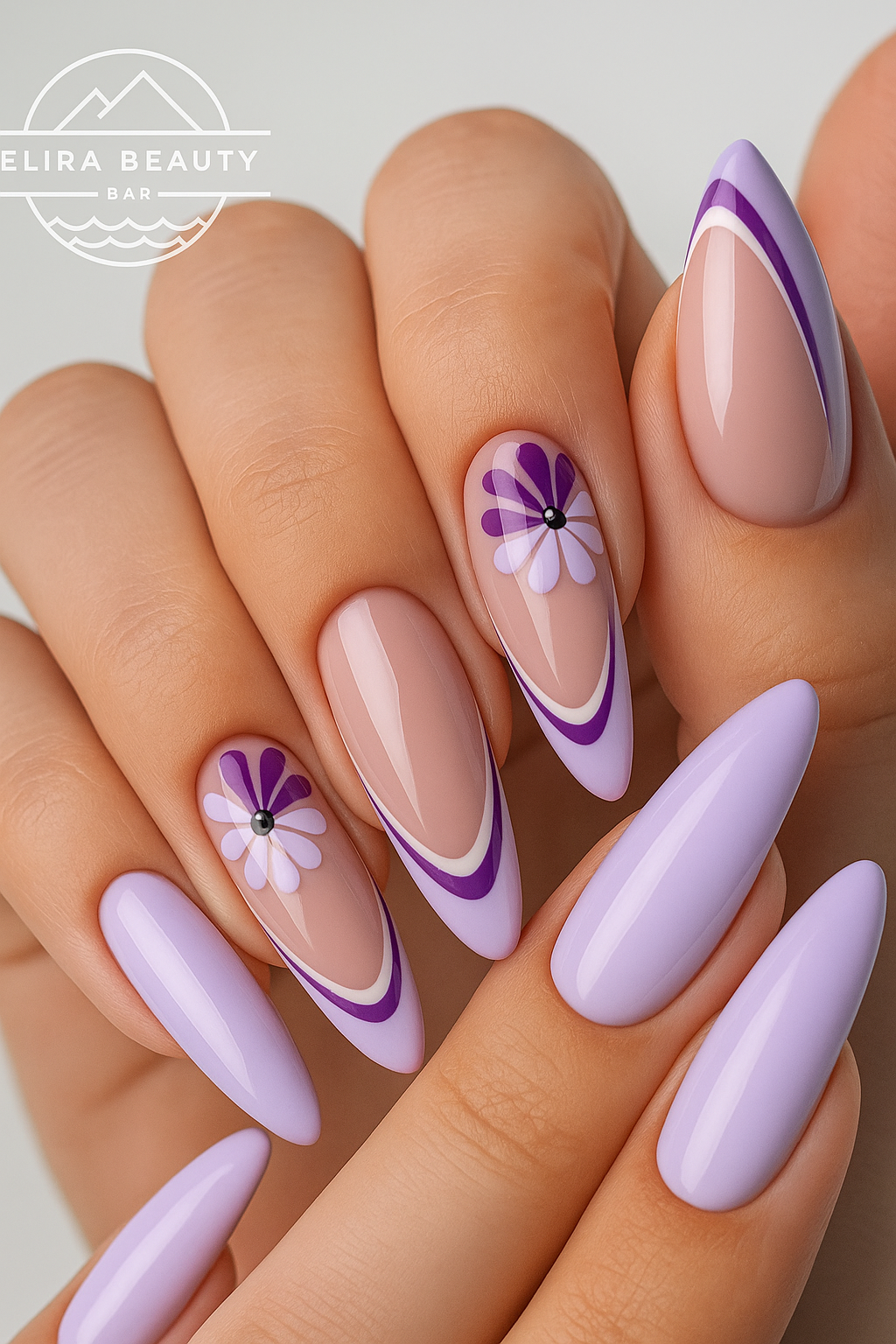 Blooming in Style: Lavender Floral Almond Nails with Double French Tips