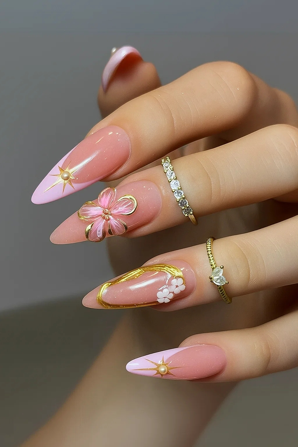 🌟 Luxurious Nude & Gold Floral Nail Art: A Perfect Blend of Elegance and Glamour