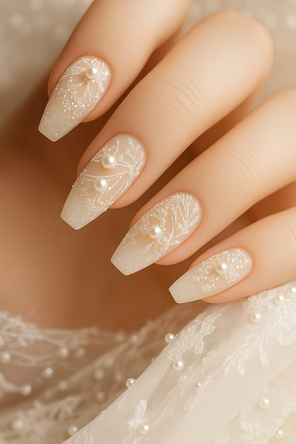 Ethereal Elegance: The Art of Pearl Lace Bridal Nails