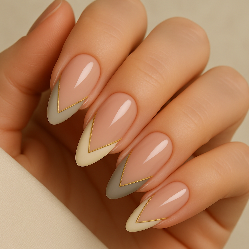 The Art of Subtle Glamour: V-Tip Nude Almond Nails with Gold Accents