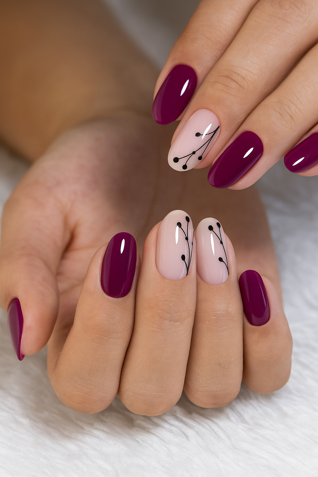 “Berry Chic: The Beauty of Plum Nails with Minimalist Floral Accents”