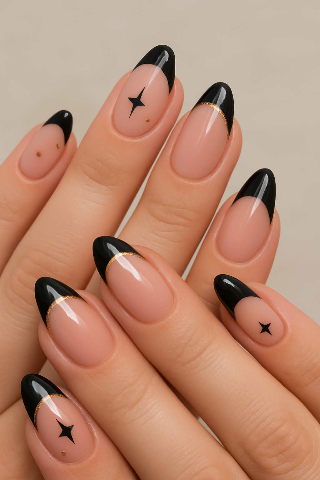 Celestial Elegance: The Allure of Nude Pink Almond Nails with Black French Tips and Gold Accents