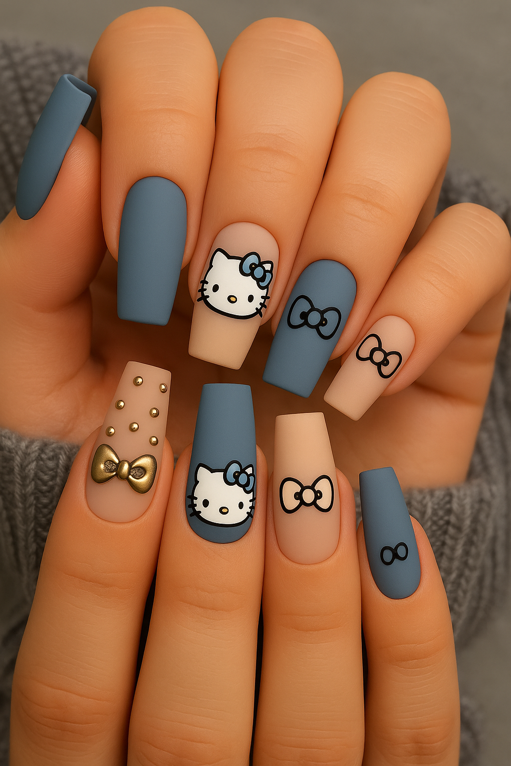 Whimsical Elegance: Hello Kitty Nail Art Meets Matte Sophistication
