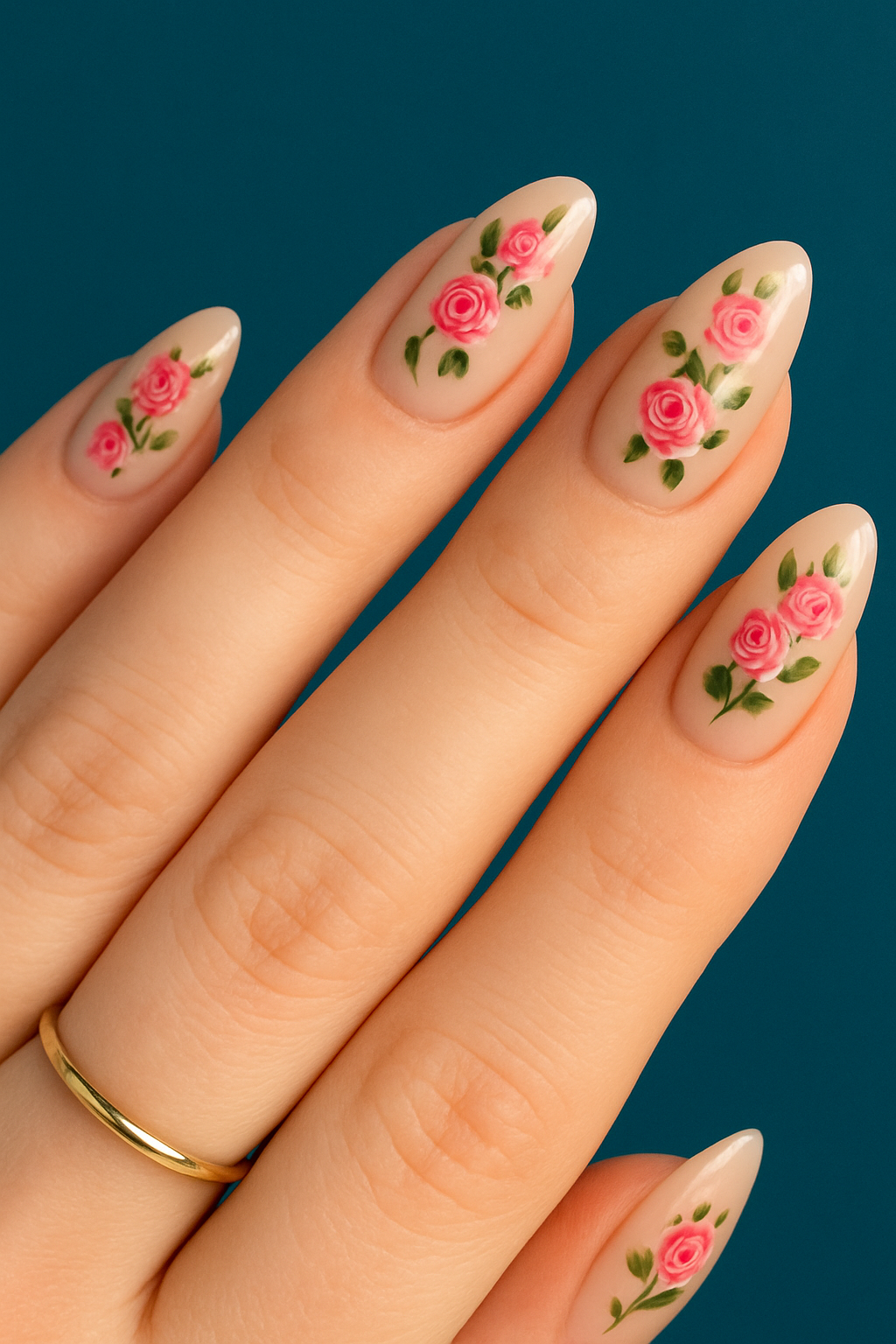 Petal-Perfect: Hand-Painted Rose Nails on a Nude Almond Base