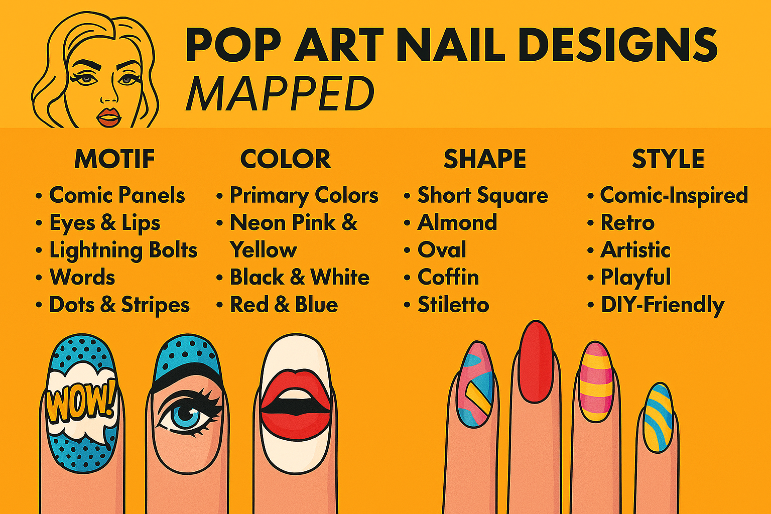 Pop Art Nail Designs 2025: Mapped by Motif, Color, Shape &amp; Style
