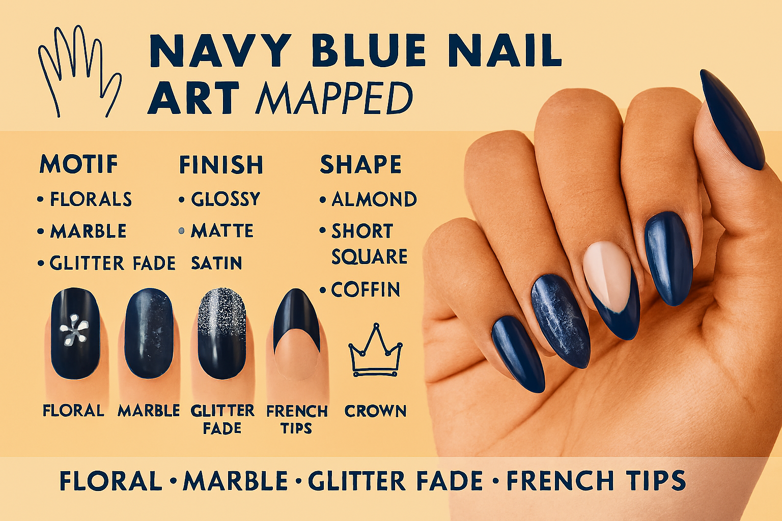 Navy Blue Nail Art Designs 2025: Mapped by Motif, Finish, Shape &amp; Style